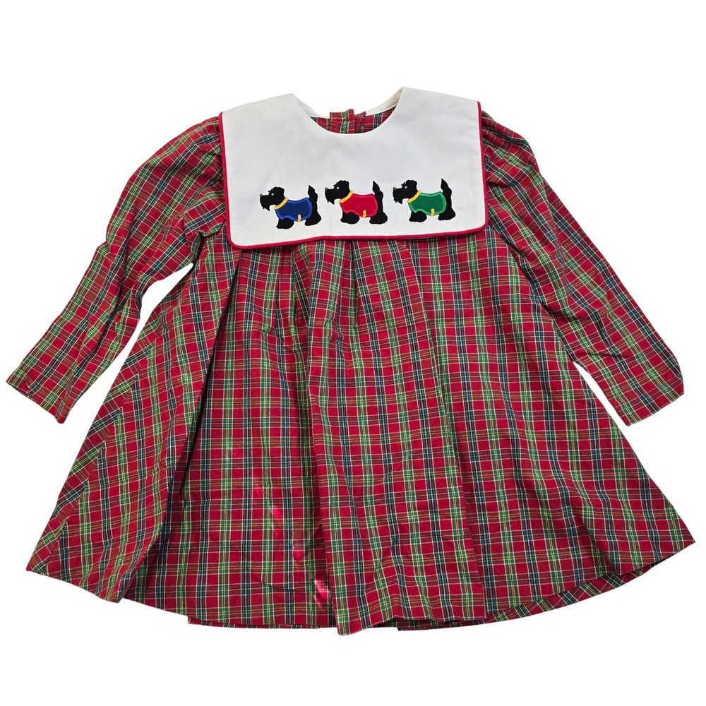 Austin Ashley Kids Girls Plaid Dress 4T Tartan‎ Scottie Dog Applique Holiday Vtg